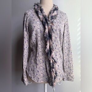 Sundance Sm cotton button-up shirt purple floral print plaid trim ruffle fringe